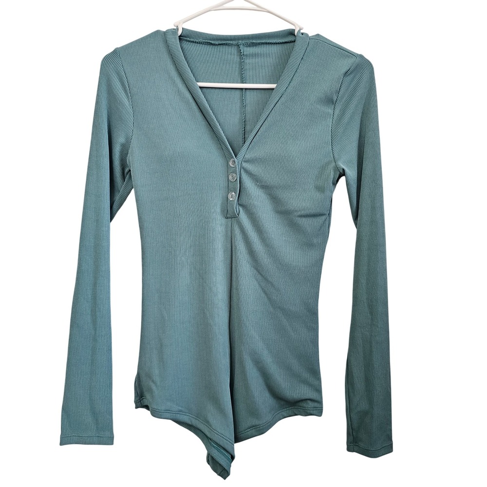 Womens‎ Ribbed Knit Long Sleeve Button V Neck Bodysuit Teal